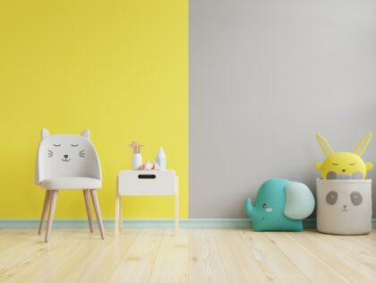 Mockup wall in the children's room on yellow illuminating and ultimate gray wall background.3D Rendering
